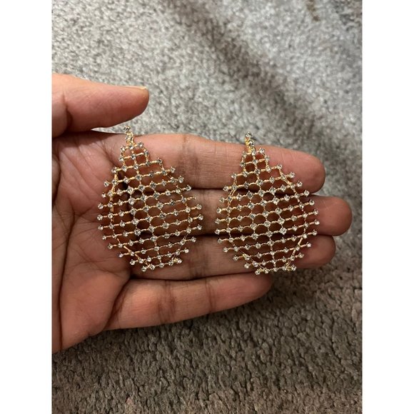 Large Gold clear white earrings chunky stud gold clear crystal bold statement - Picture 2 of 2